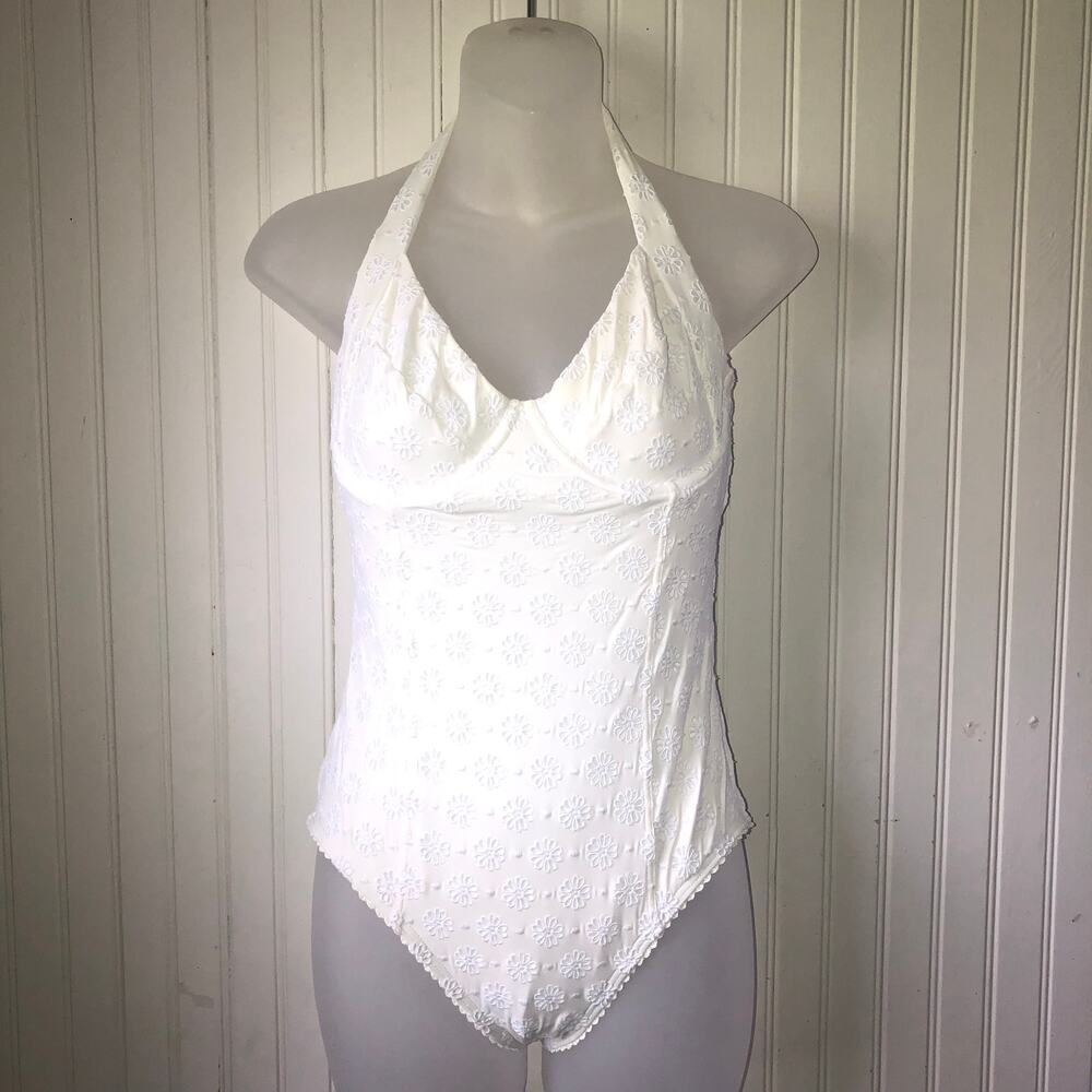 KATE SPADE Retail $195 Cream White Eyelet Underwire Halter One Piece Size Small